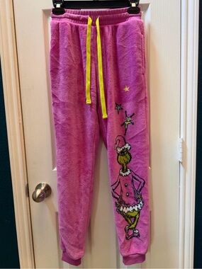 Plush Pink Grinch Joggers with Yellow Drawstring size S